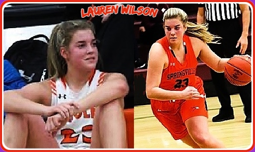Two images of Lauren Wilson, #23 on the Springville High School Orioles girls basketball team in Iowa. Shown sittin in white jersey with arms folded and in action in red uniform, driving with the ball.